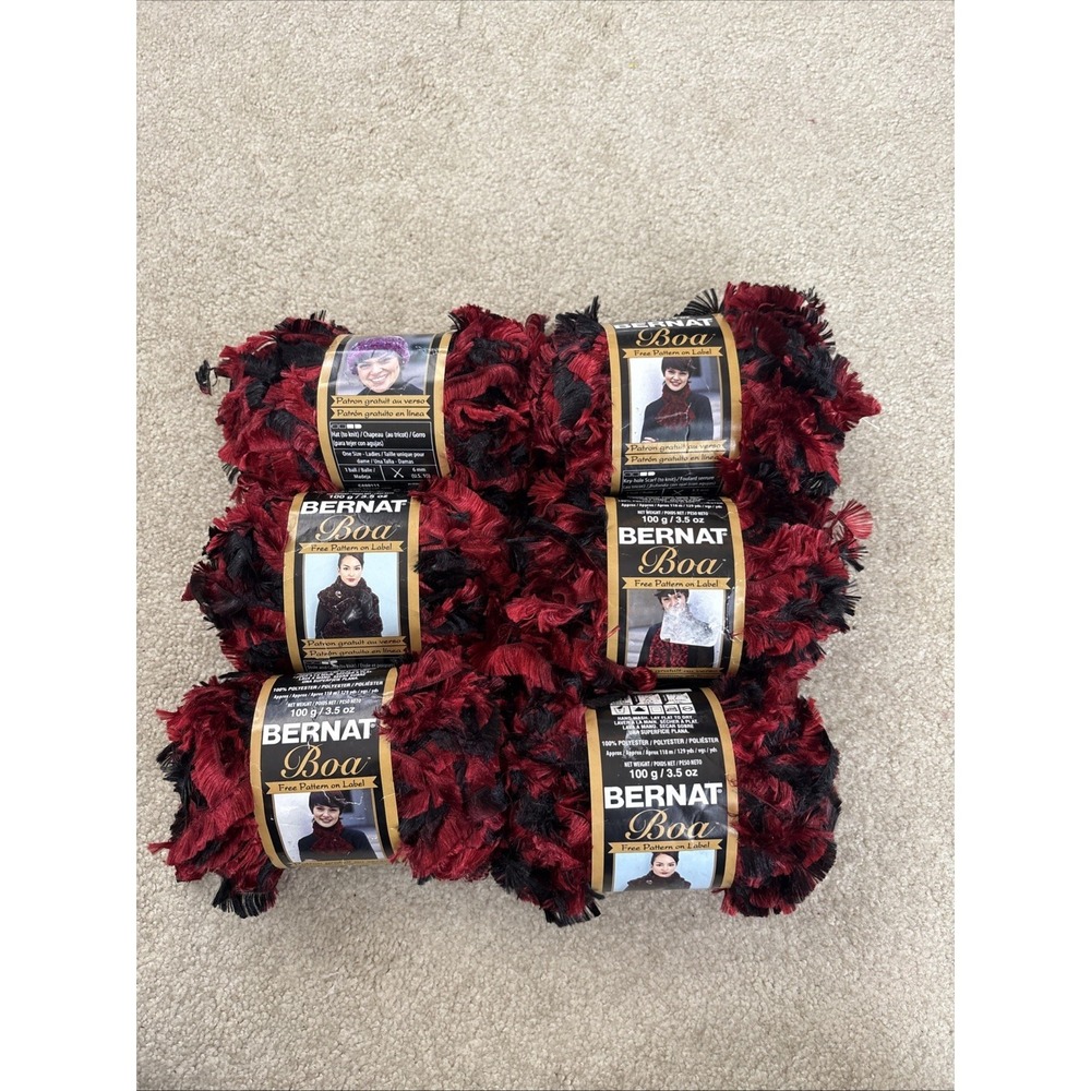 Yarn Lot 6 Skeins Bernat Boa Burgundy Black Cardinal